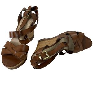 Studio Paolo Strappy Wedges Faux Cork Size 7 Brown Tan Buckle Strap 4” Heel Tall